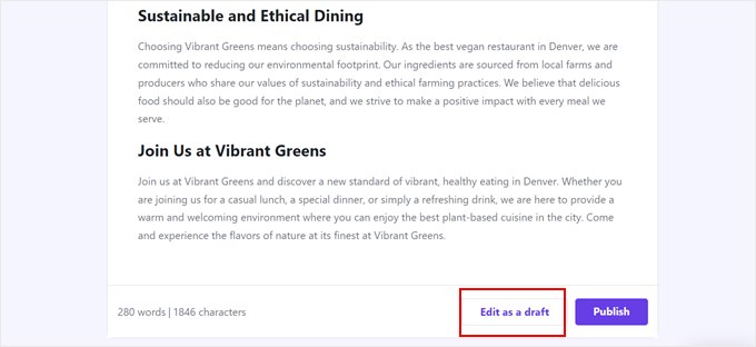 Editing the AI-generated content as a draft in Hostinger WordPress AI Assistant