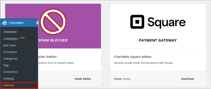 Square addon WP Charitable